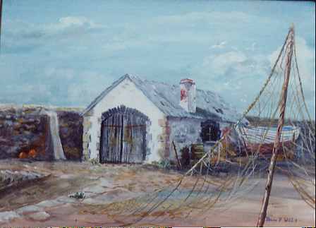 Acrylic painting of old boathouse and fishing net