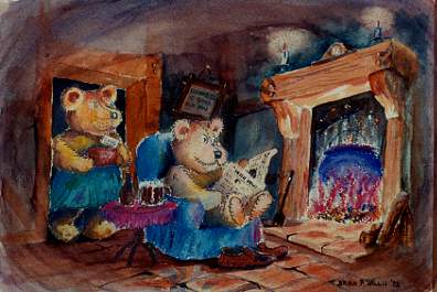 Teddy bringing in cake to other bear sitting beside fire