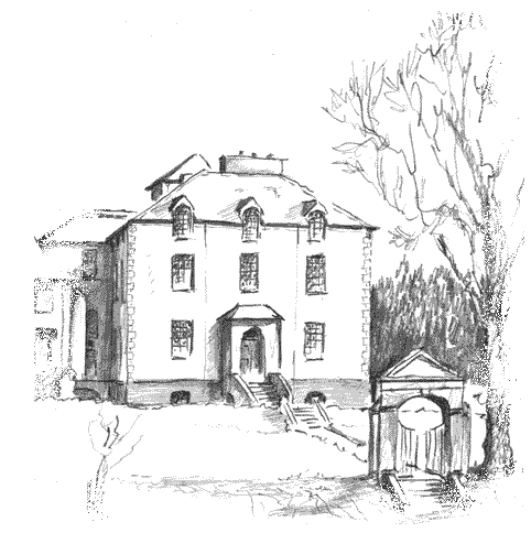Larger detail of pencil drawing showing main building