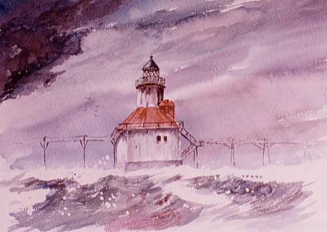 Watercolour of lighthouse in storm
