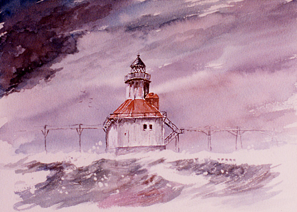 Large, detailed watercolour of St Joe lighthouse
