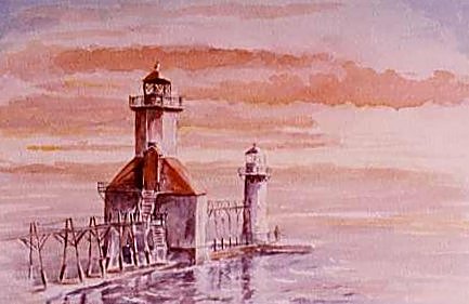 Watercolour of lighthouse at sunset