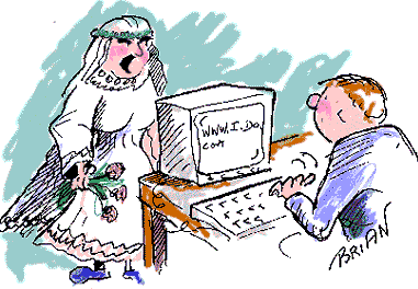 Cartoon of bride talking to husband at computer