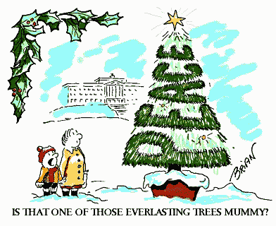 Cartoon of child &  mother at Christmas tree