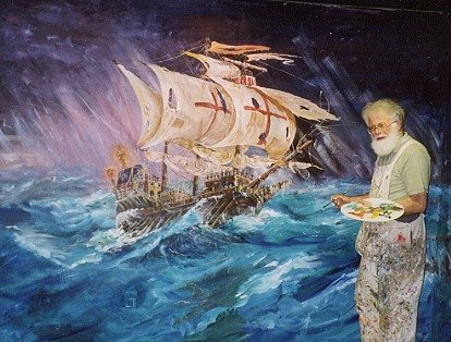 Brian with mural of Armada ship in storm