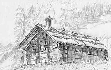 Pencil drawing of chalet at Geils