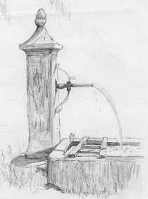 Pencil drawing of water pump at Frutigen